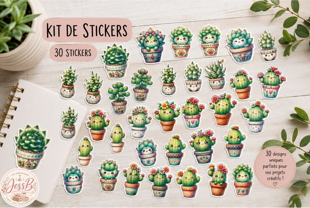 Kit de 30 Stickers - Cactus kawaii