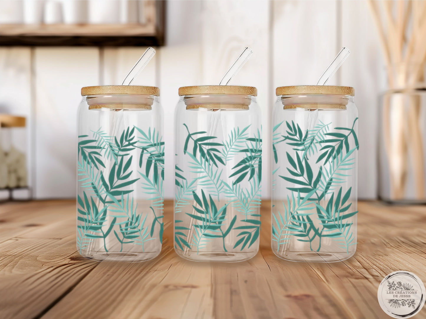Verre en vitre 16 oz – Motif feuilles vertes