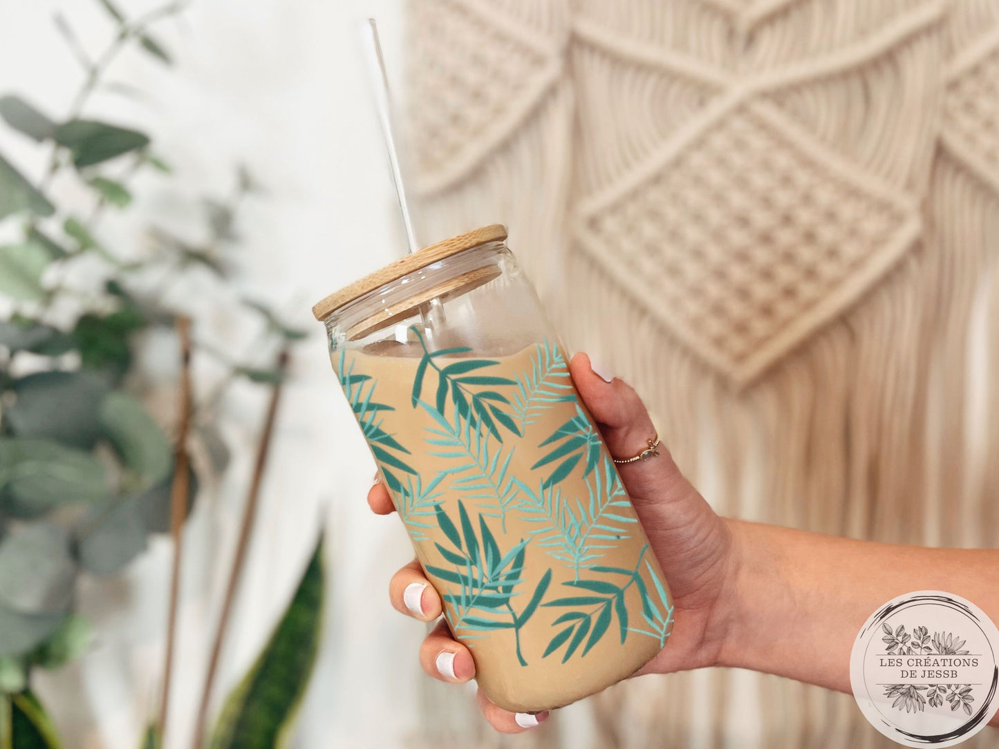 Verre en vitre 16 oz – Motif feuilles vertes