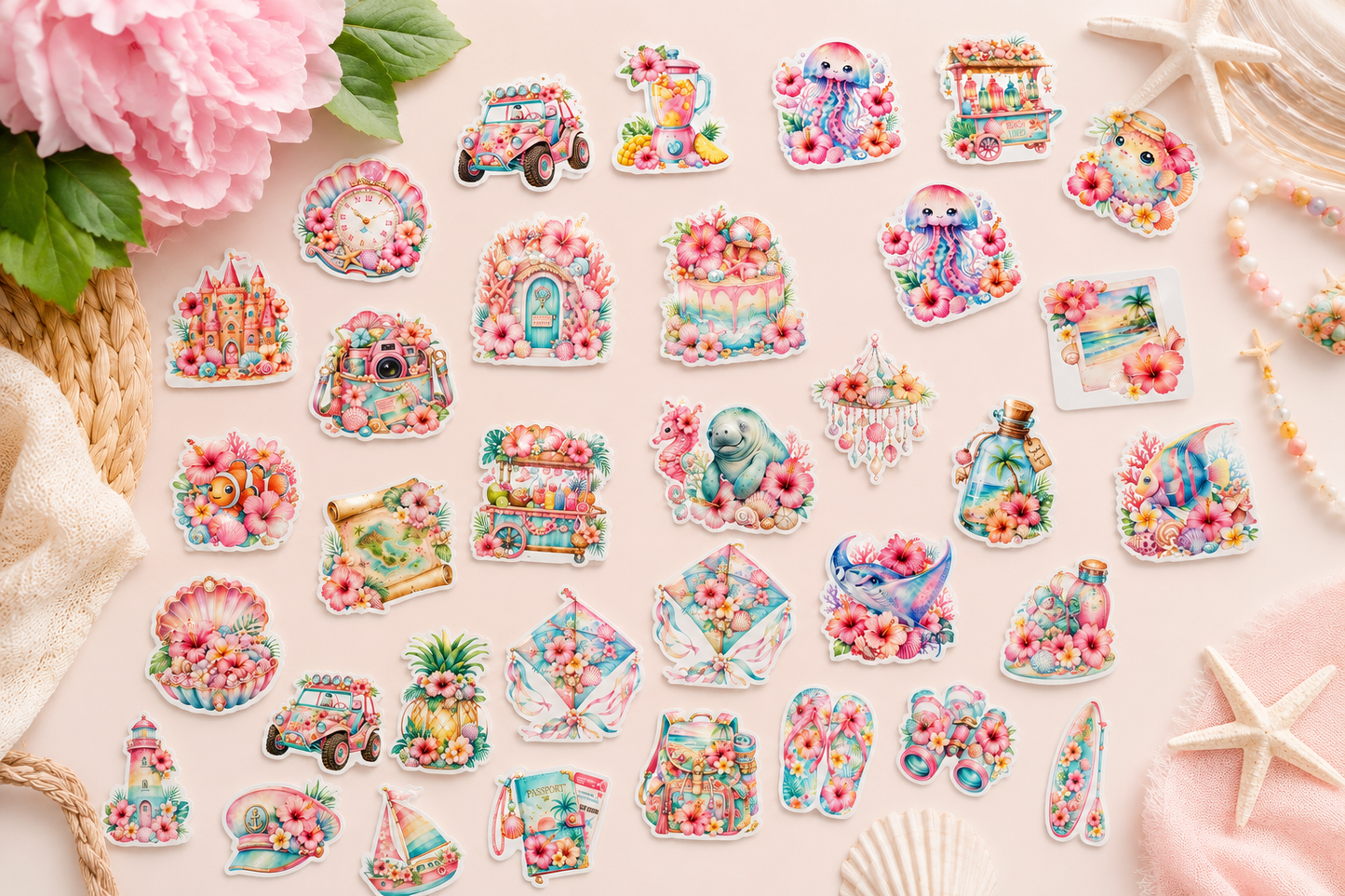 Kit de 50 stickers de scrapbooking – Tropicale & Bord de mer