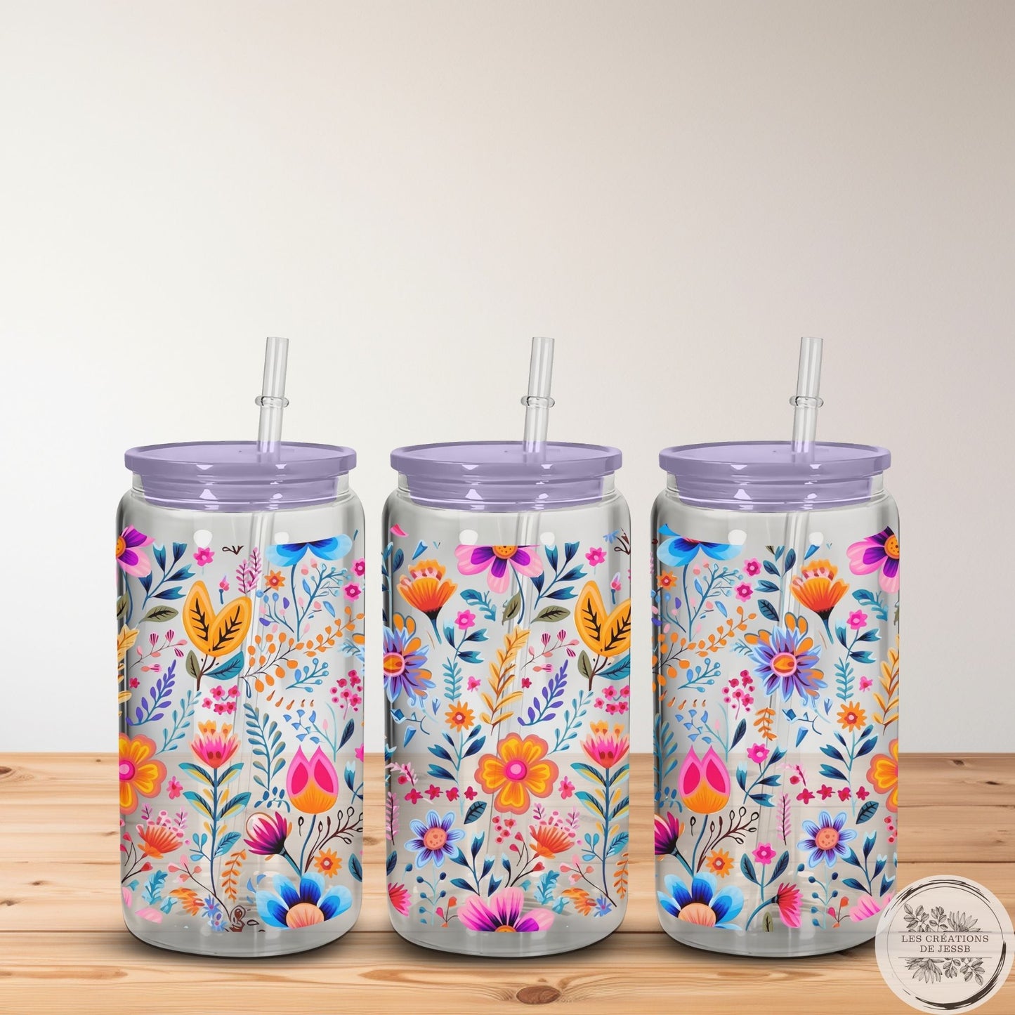 Verre en vitre 16 oz – Fleurs Champêtres Colorées