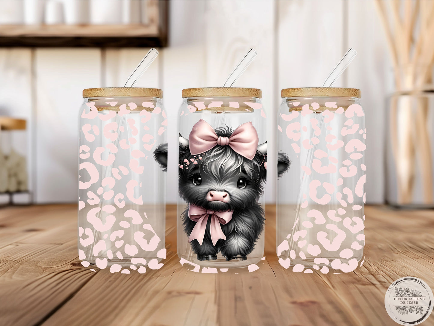 Verre 16 oz  – Vache Highland avec roses & nœud