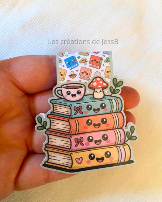 Signet magnétique – Pile de livres avec visage sourire, champignon & tasse